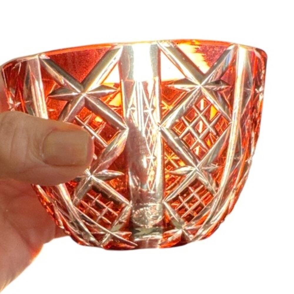 Vintage Clear Cut Cranberry Glass 4” Bowl 2 mm chip